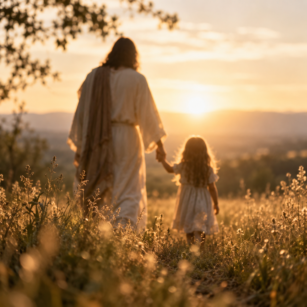 Jesus gently walking beside a little girl, symbolizing His presence and guidance throughout her life.