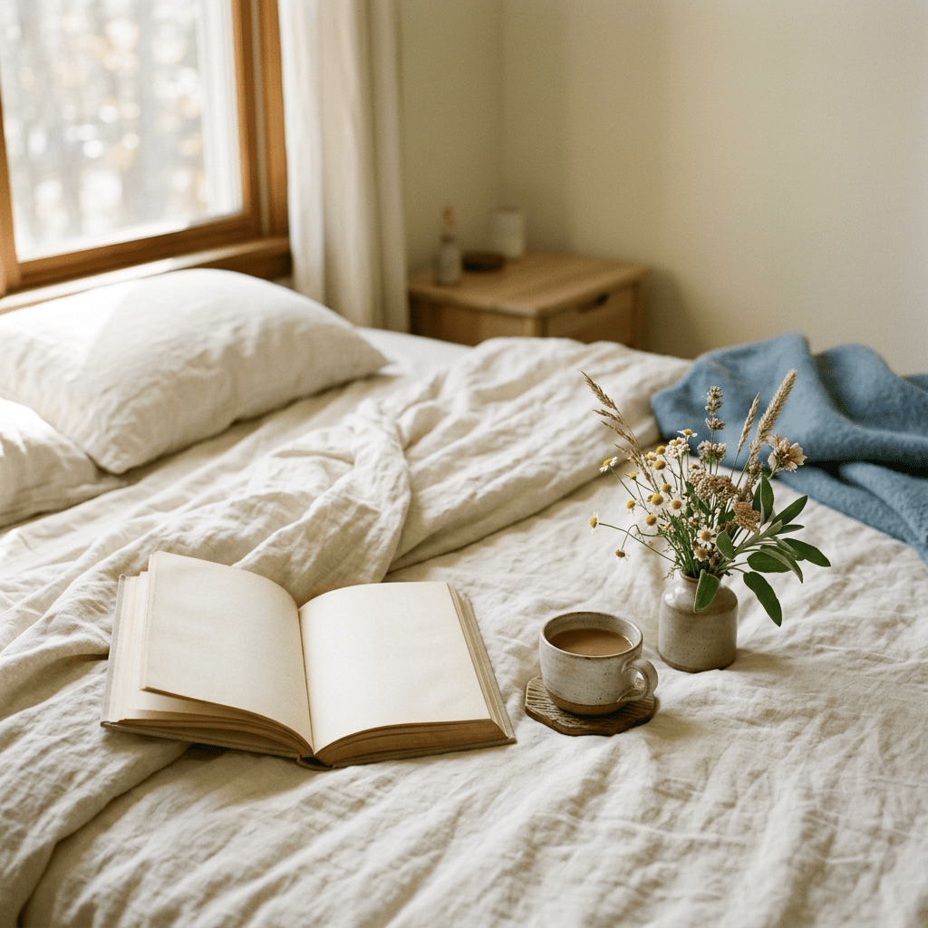 Open Bible, coffee cup, and wildflowers on a sunlit unmade bed.