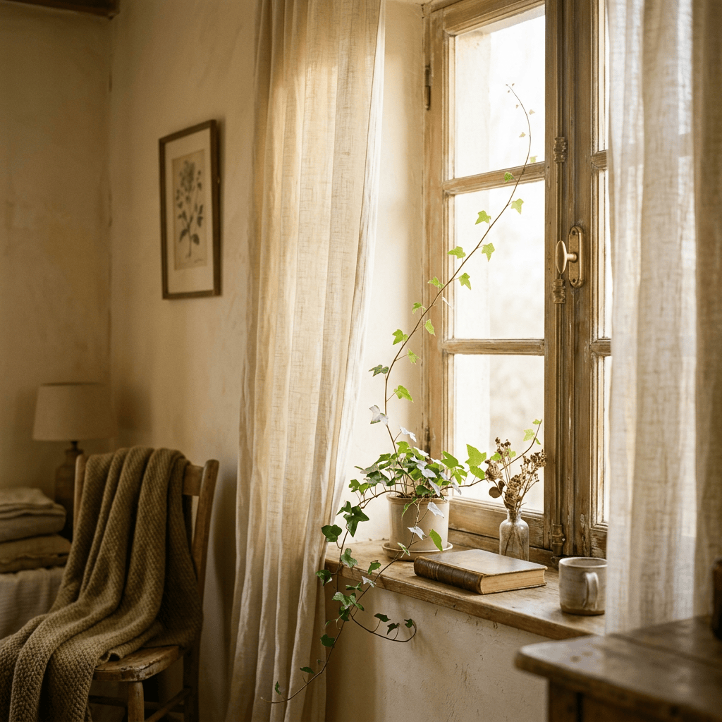 Cozy reading nook with chair, book, ivy, and sunlit window