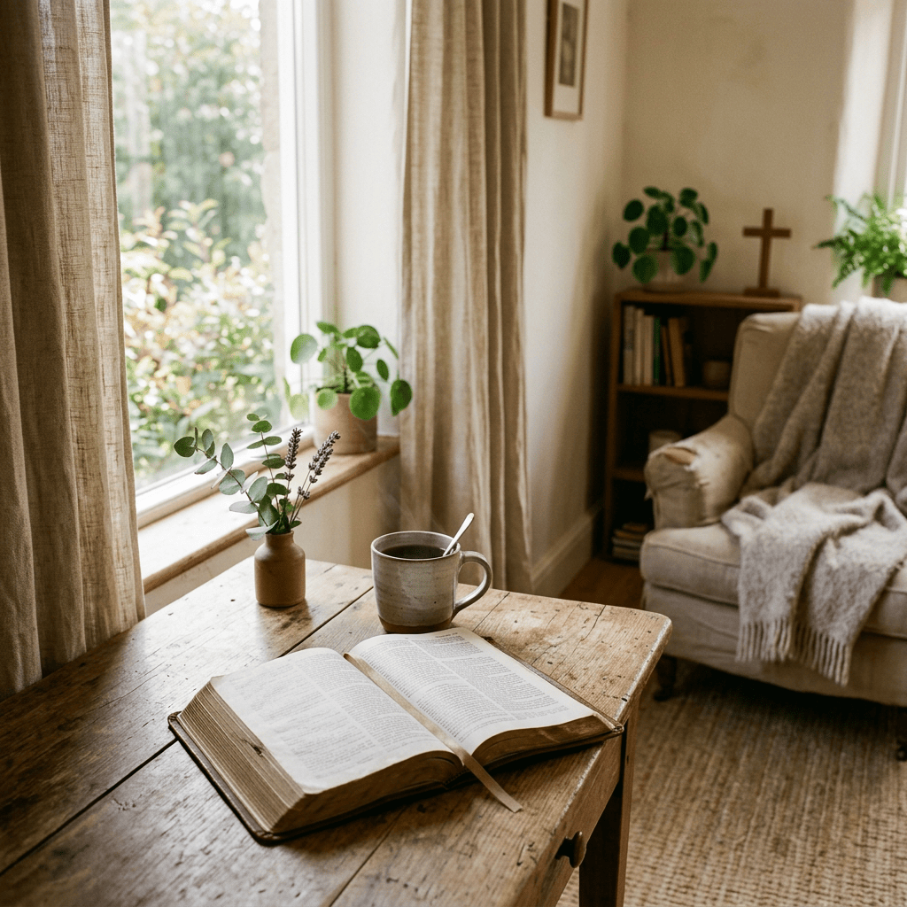 Open Bible and coffee on a wooden table beside a sunlit window in a peaceful reading space
