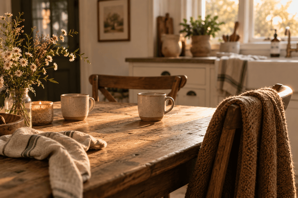 Warm sunlight fills a rustic kitchen with two mugs on a wooden table, symbolizing love, presence, and shared ordinary moments.
