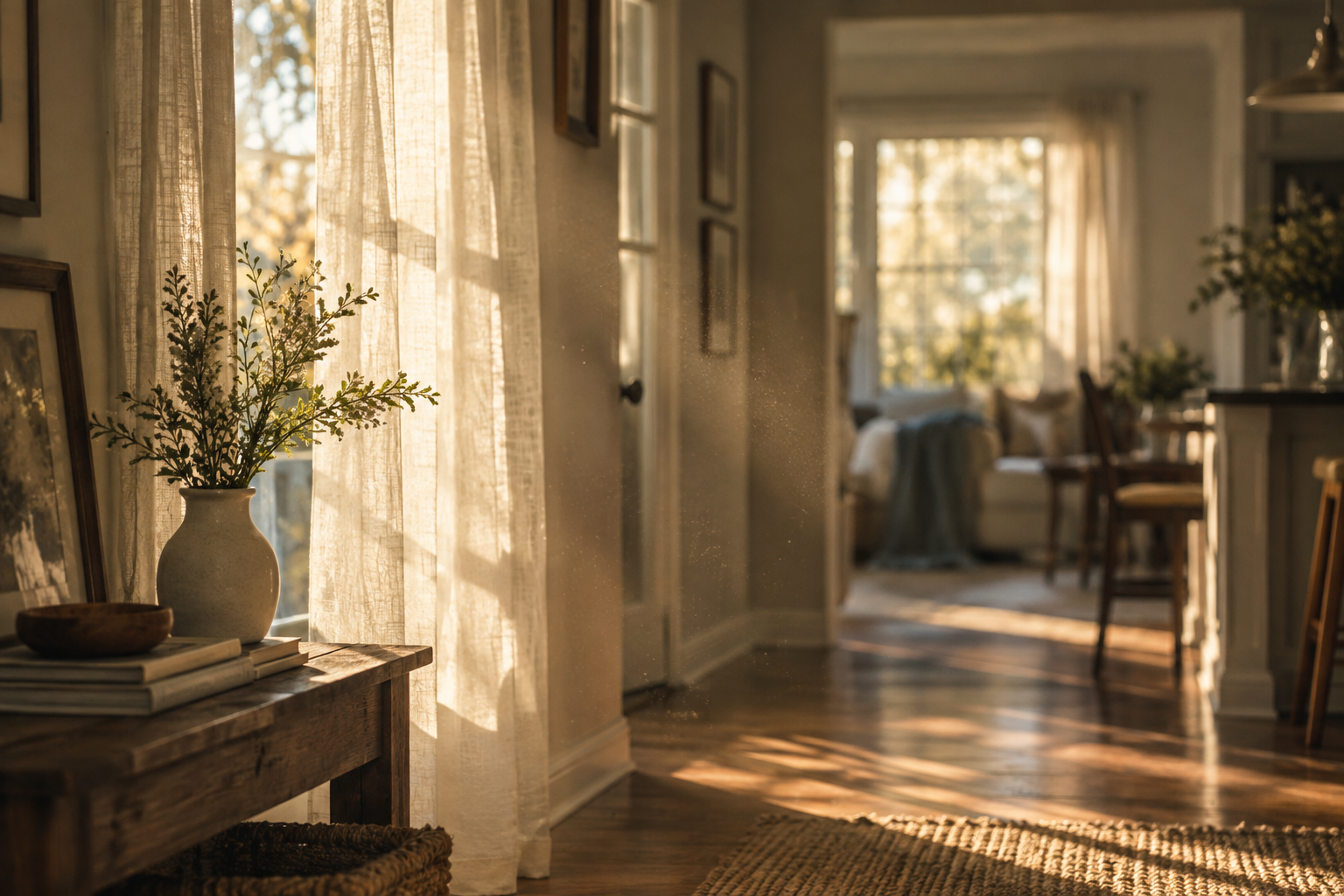 Sunlight streaming through sheer curtains into a quiet, lived-in home.