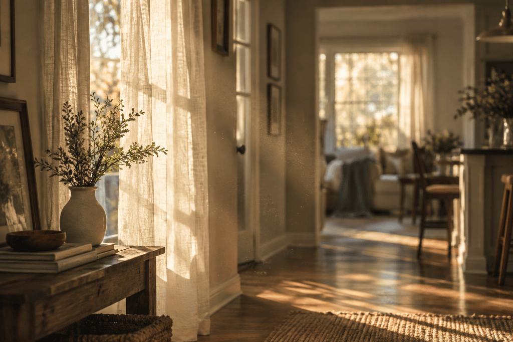 Sunlight streaming through sheer curtains into a quiet, lived-in home.